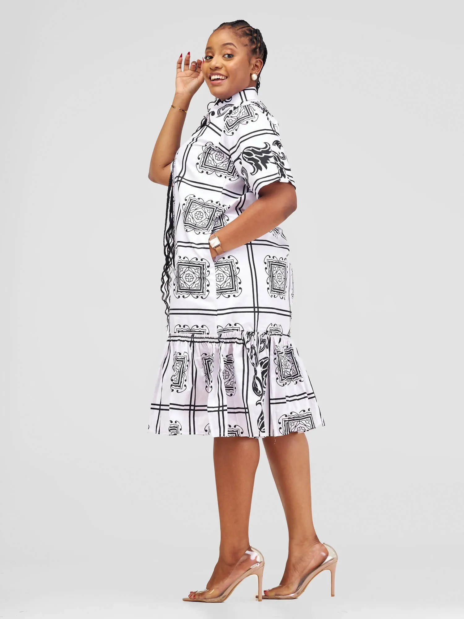 Afafla Ankara Button Shirt Dress - White