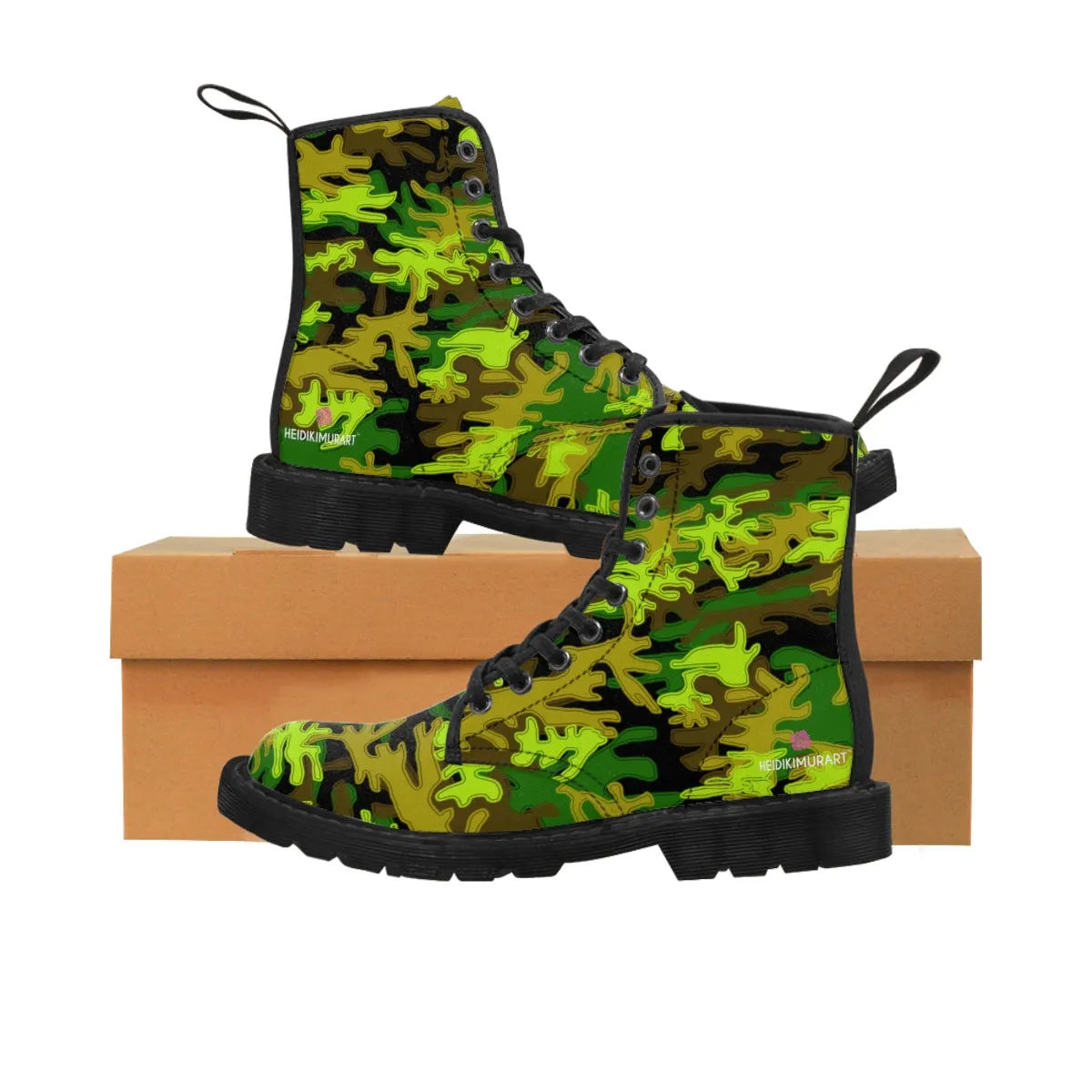 Black Camo Print Women's Boots, Army Military Print Best Winter Laced Up Canvas Boots For Women (US Size 6.5-11)