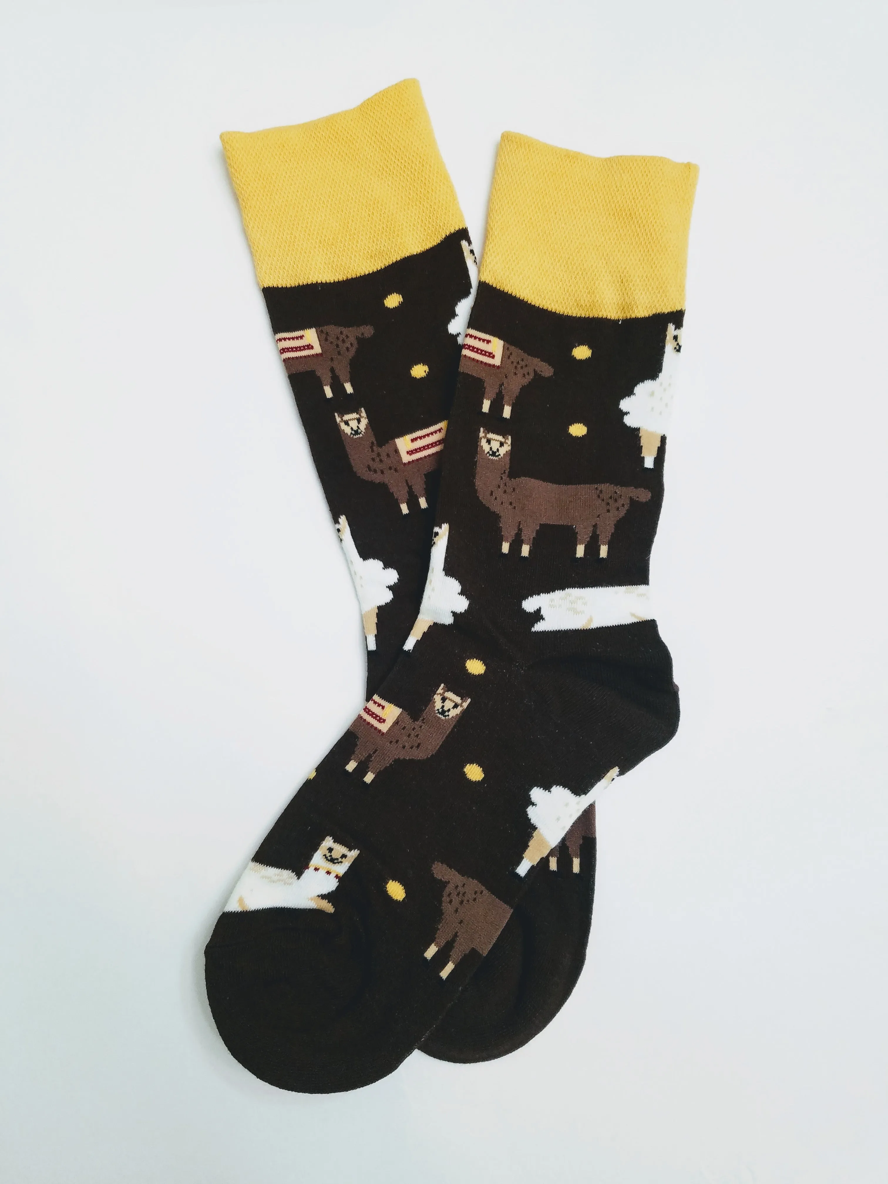 Brown & White Llama Alpaca Crew Socks