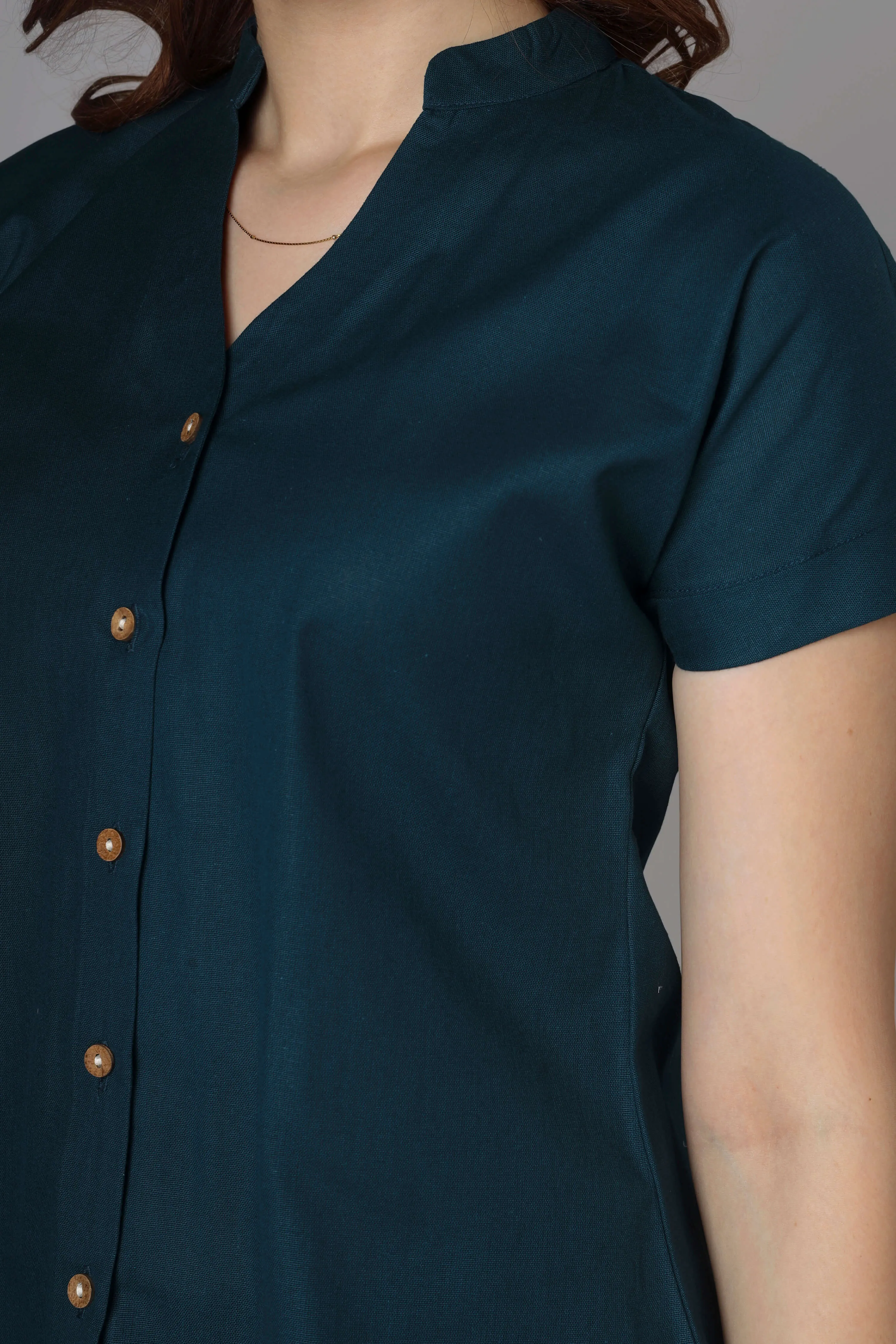 Classic Peacock Blue Cotton Shirt For Women