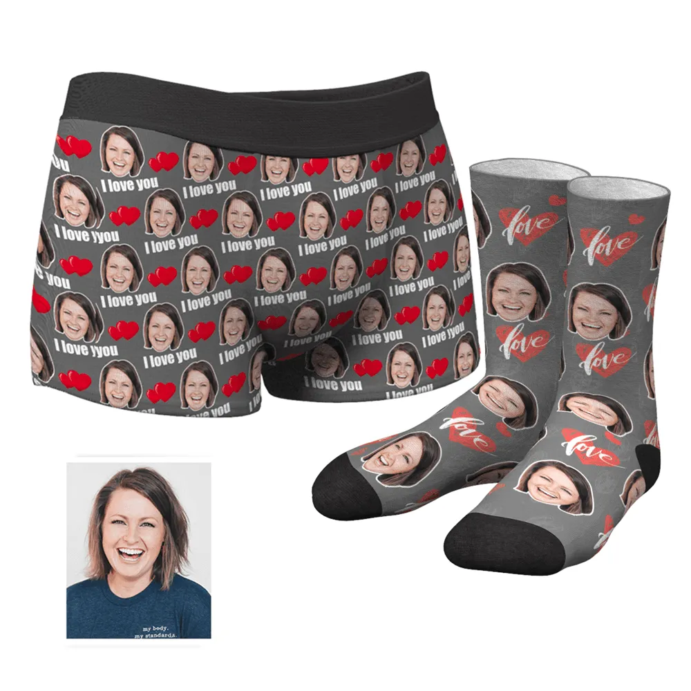 Couple Men's Custom Love Boxer Shorts And Crew Socks Set