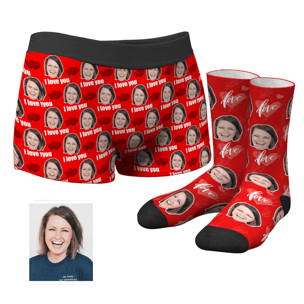 Couple Men's Custom Love Boxer Shorts And Crew Socks Set