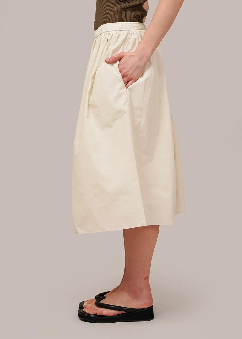 Cream Gathered Midi Skirt