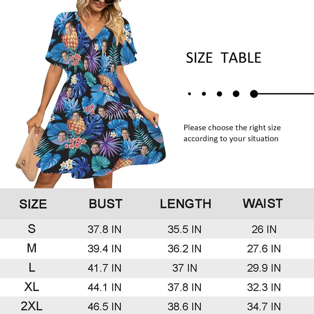 Custom Face Small Flowers V-Neck Women's Elastic Waist Casual Dress