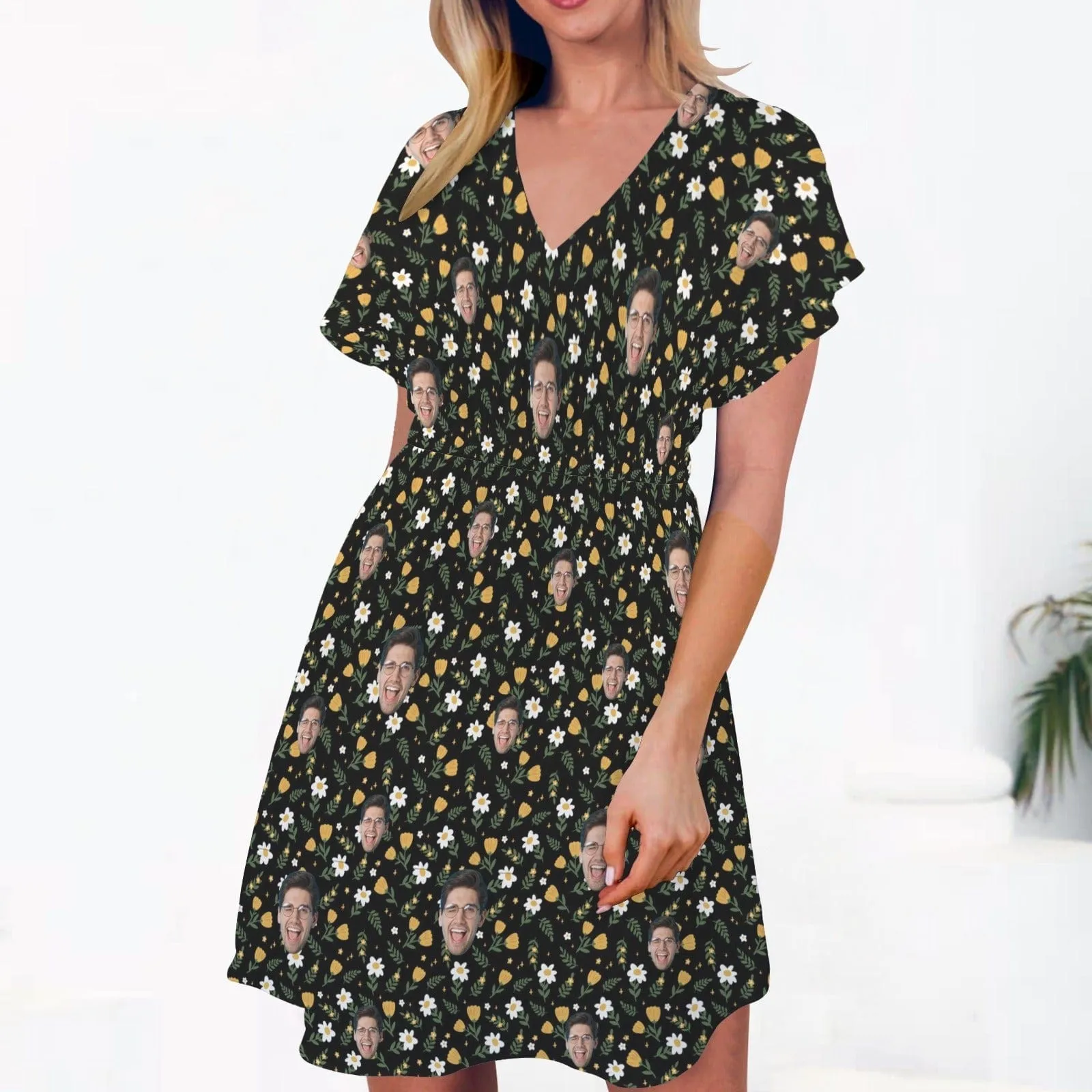 Custom Face Small Flowers V-Neck Women's Elastic Waist Casual Dress