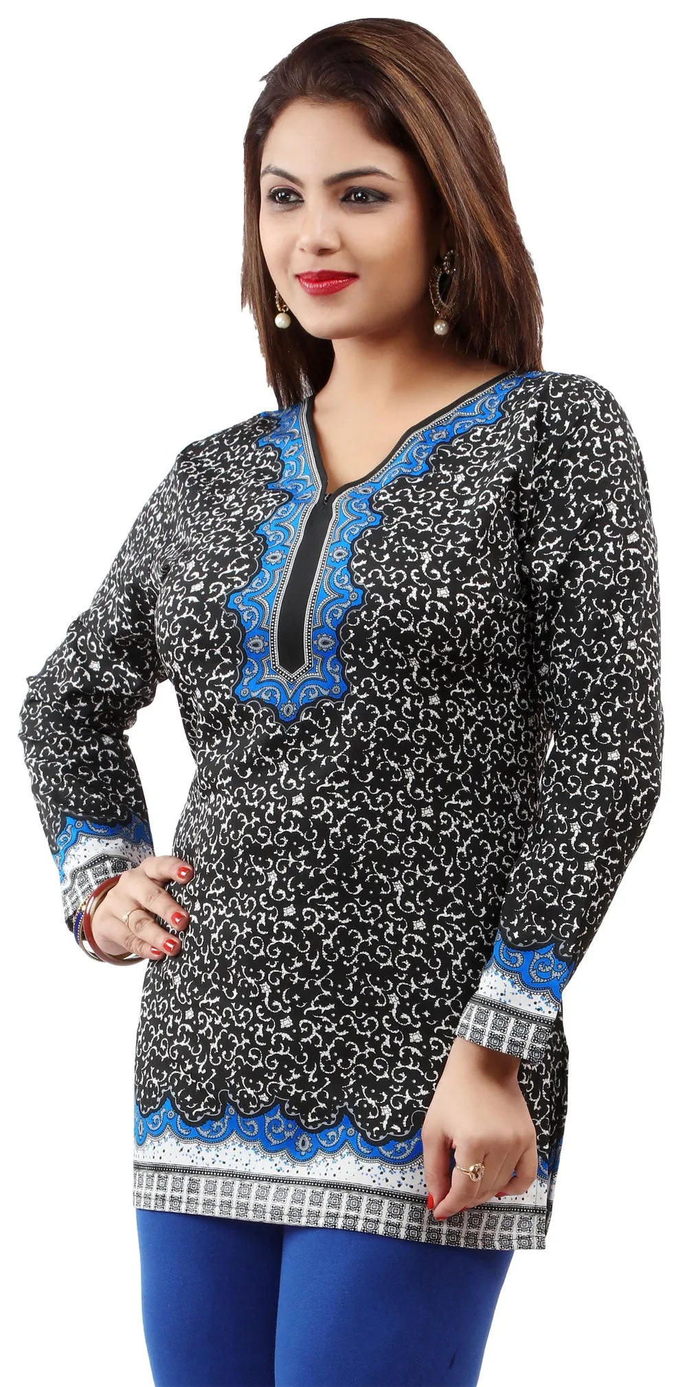 India Tunic Top Kurti Womens Printed Blouse Indian Apparel (Black/Blue, XS)