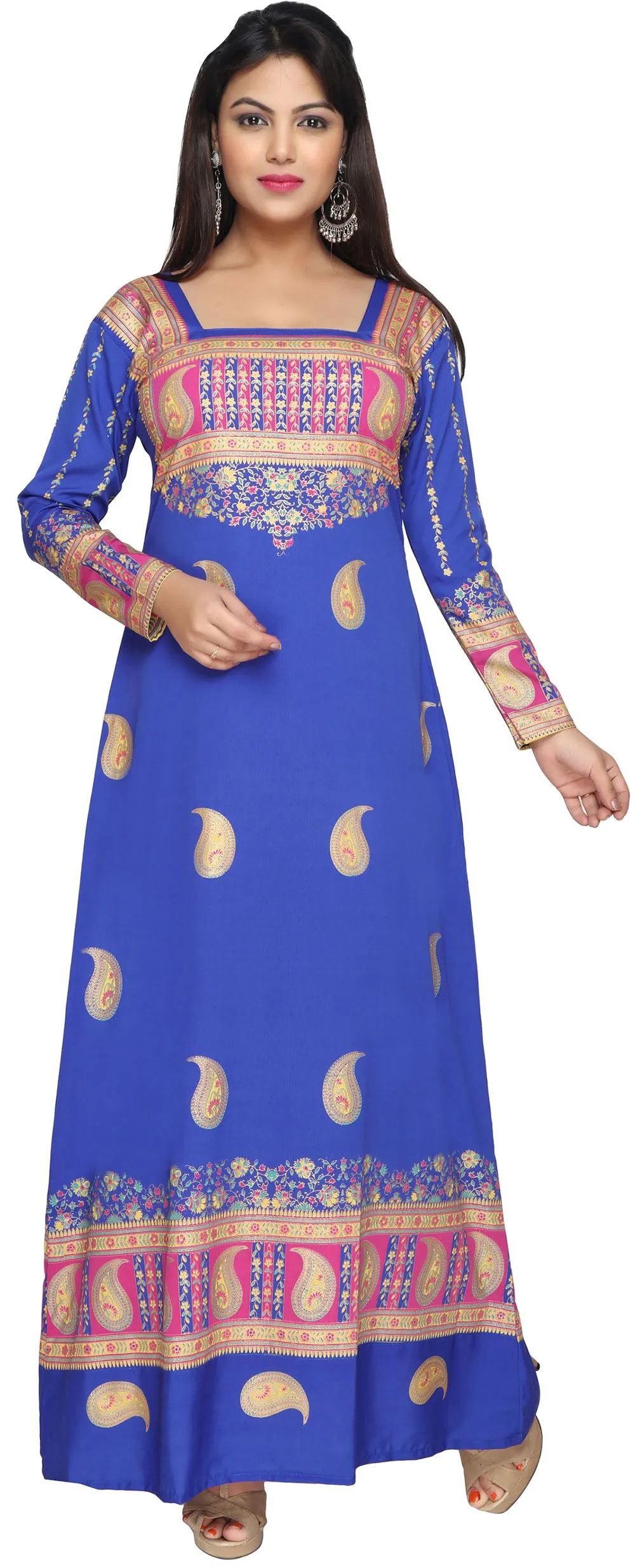 Printed Women's Caftan Long Evening Dress Long Sleeve (Blue)