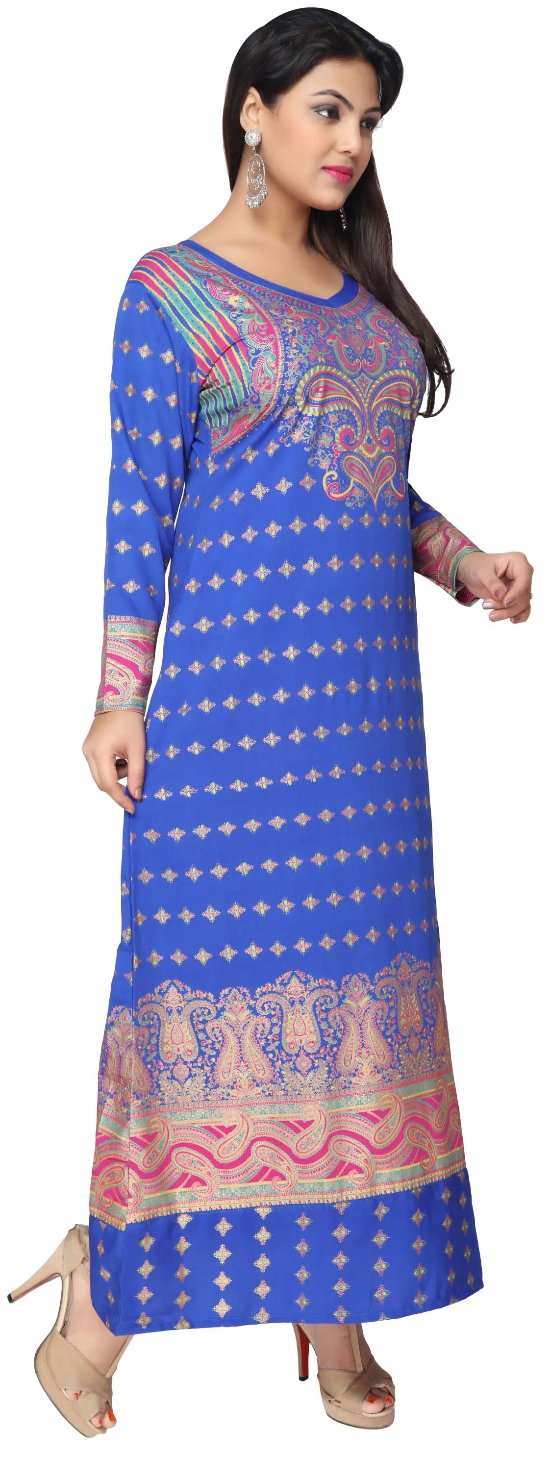 Printed Women's Caftan Long Sleeve Evening Dress Abayas (Blue)