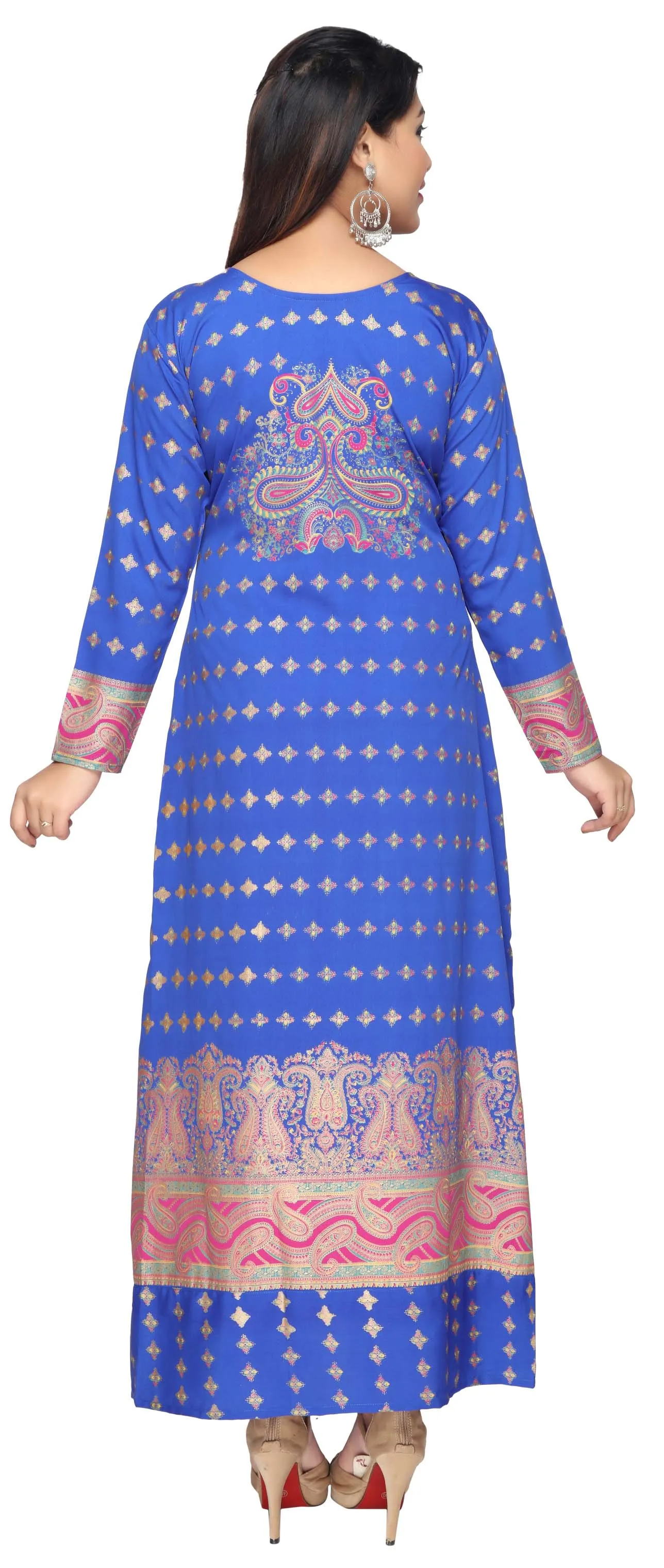 Printed Women's Caftan Long Sleeve Evening Dress Abayas (Blue)