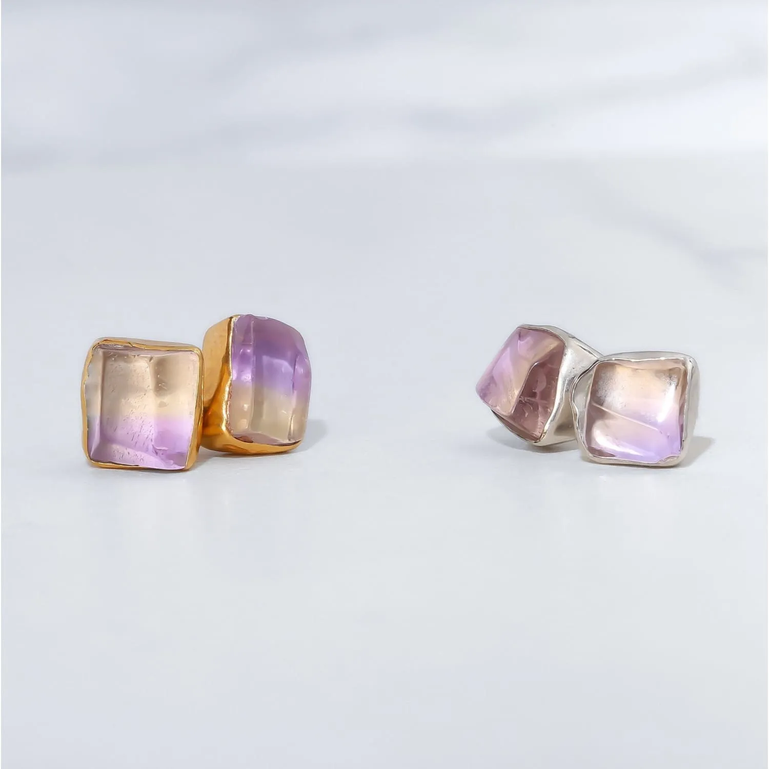 Raw Ametrine Stud Earrings w/ Gold Fill, Unique Natural Amethyst and Citrine Rough  Jewelry. Cube Rectangle Gemstone. Handmade in USA