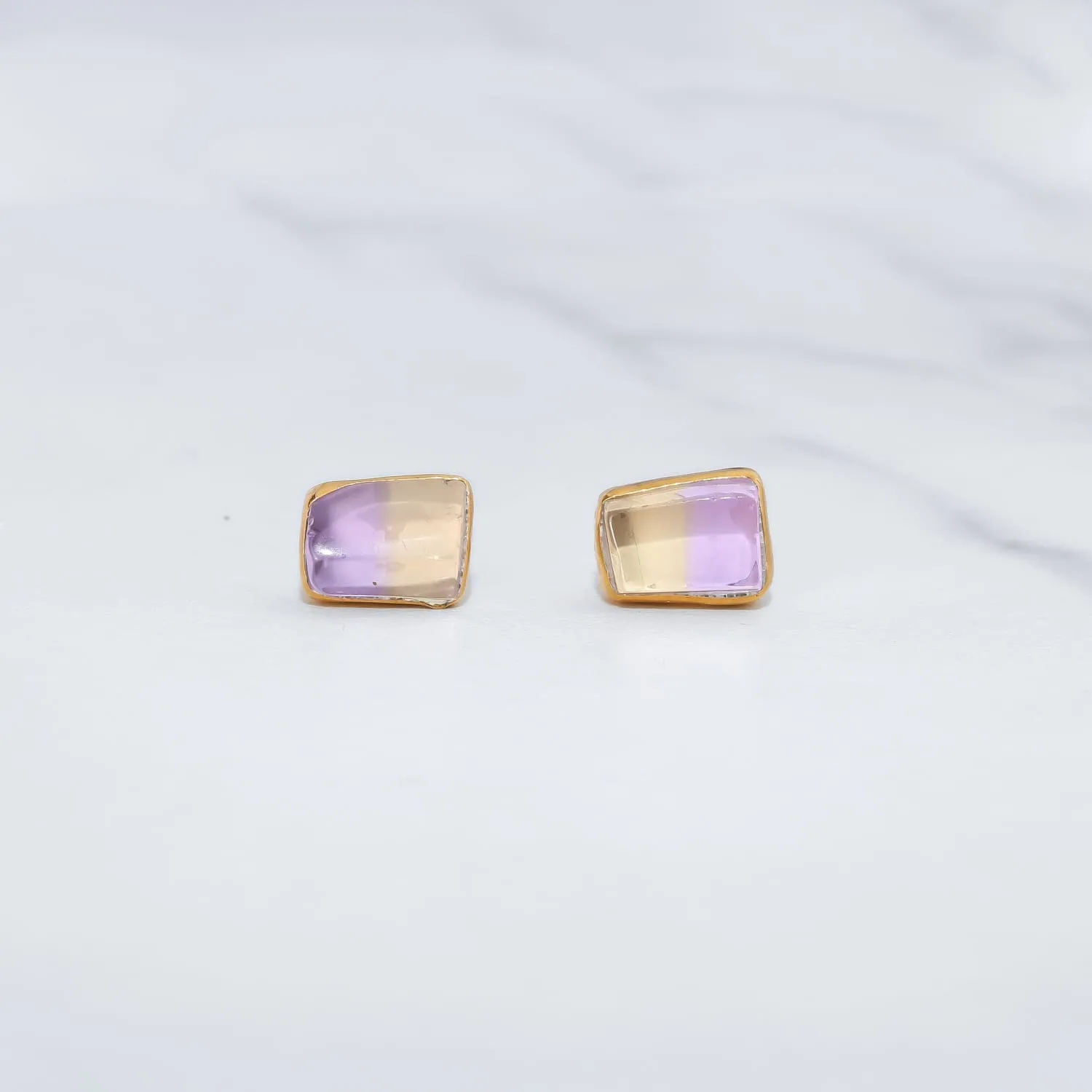 Raw Ametrine Stud Earrings w/ Gold Fill, Unique Natural Amethyst and Citrine Rough  Jewelry. Cube Rectangle Gemstone. Handmade in USA