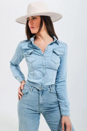 Skinny Fit Western Denim Shirt in Light Wash Blue