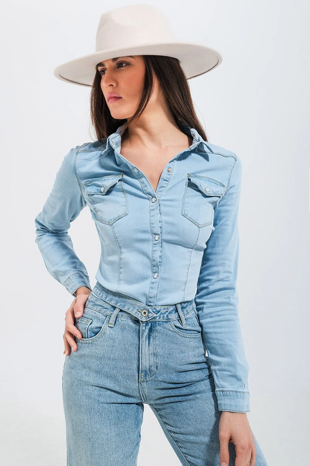 Skinny Fit Western Denim Shirt in Light Wash Blue