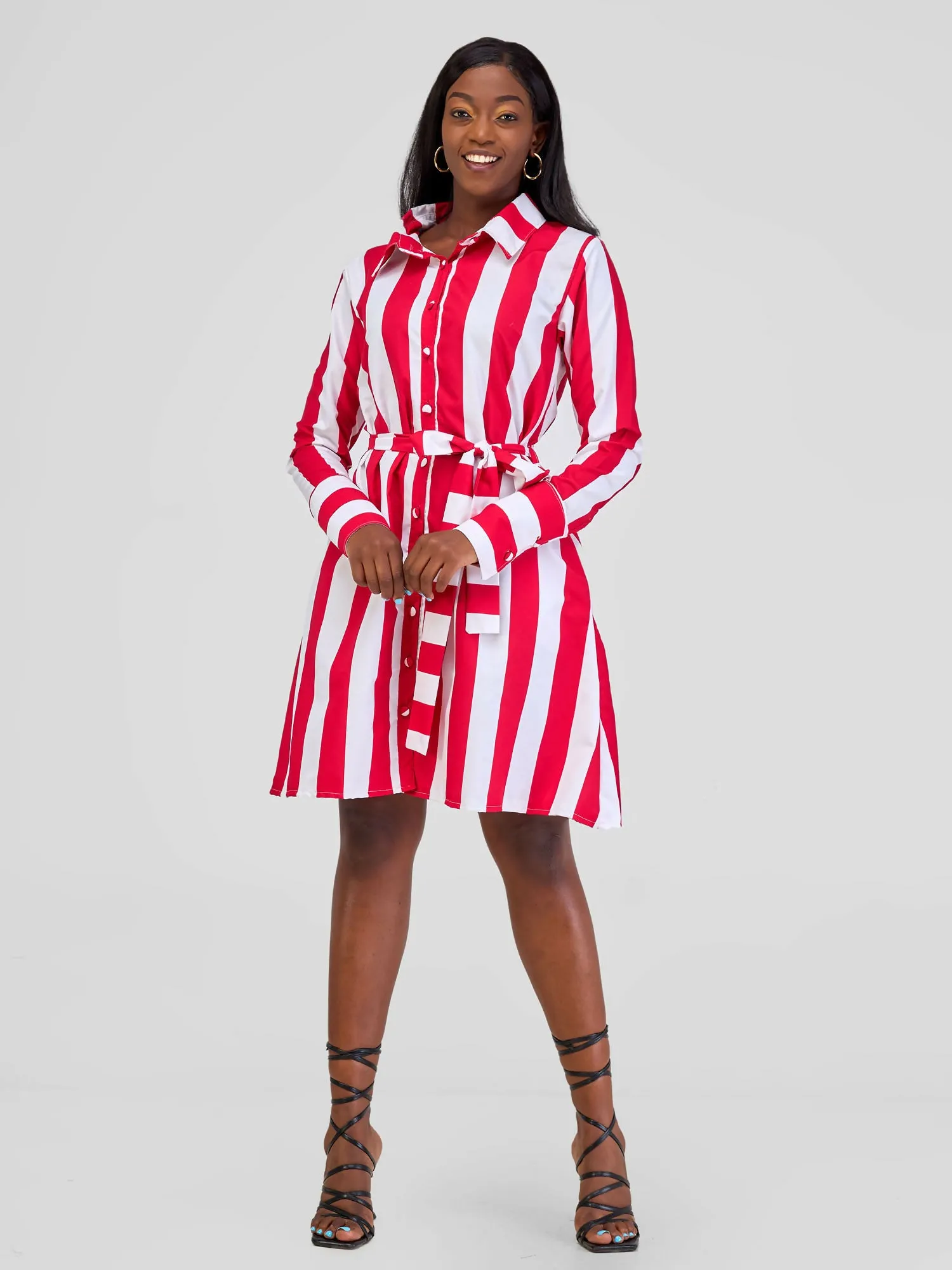 Steady Wear Stripped Shirt Dress - Stripped Red & White