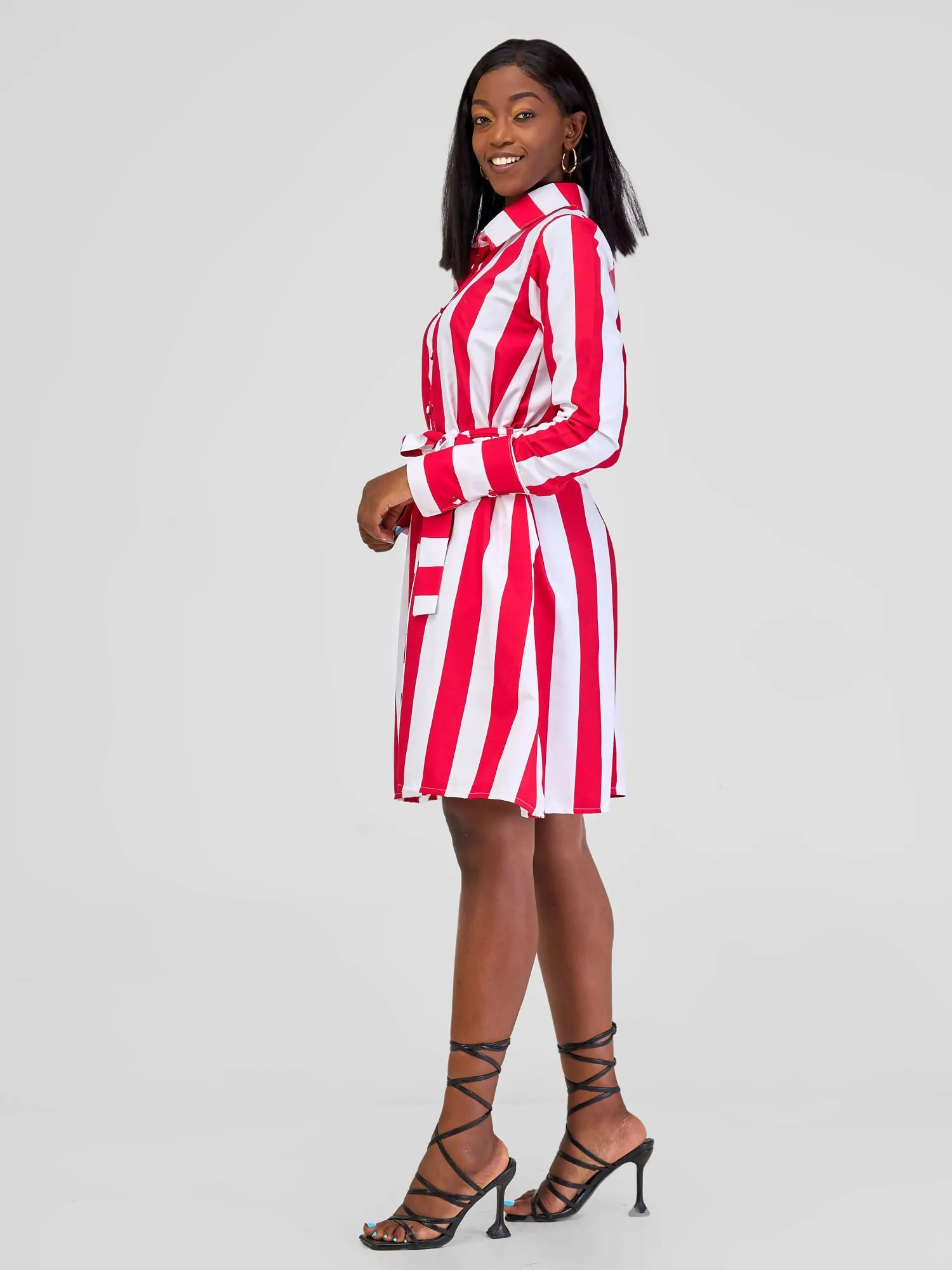 Steady Wear Stripped Shirt Dress - Stripped Red & White