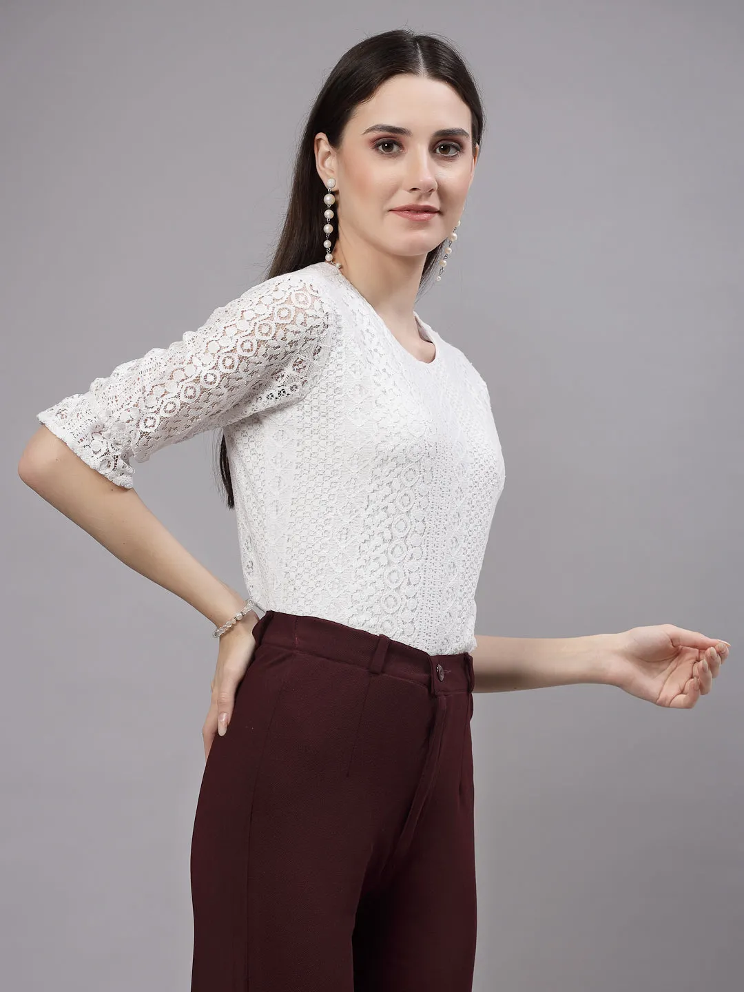 Style Quotient Self Design White Lace Smart Casual Top