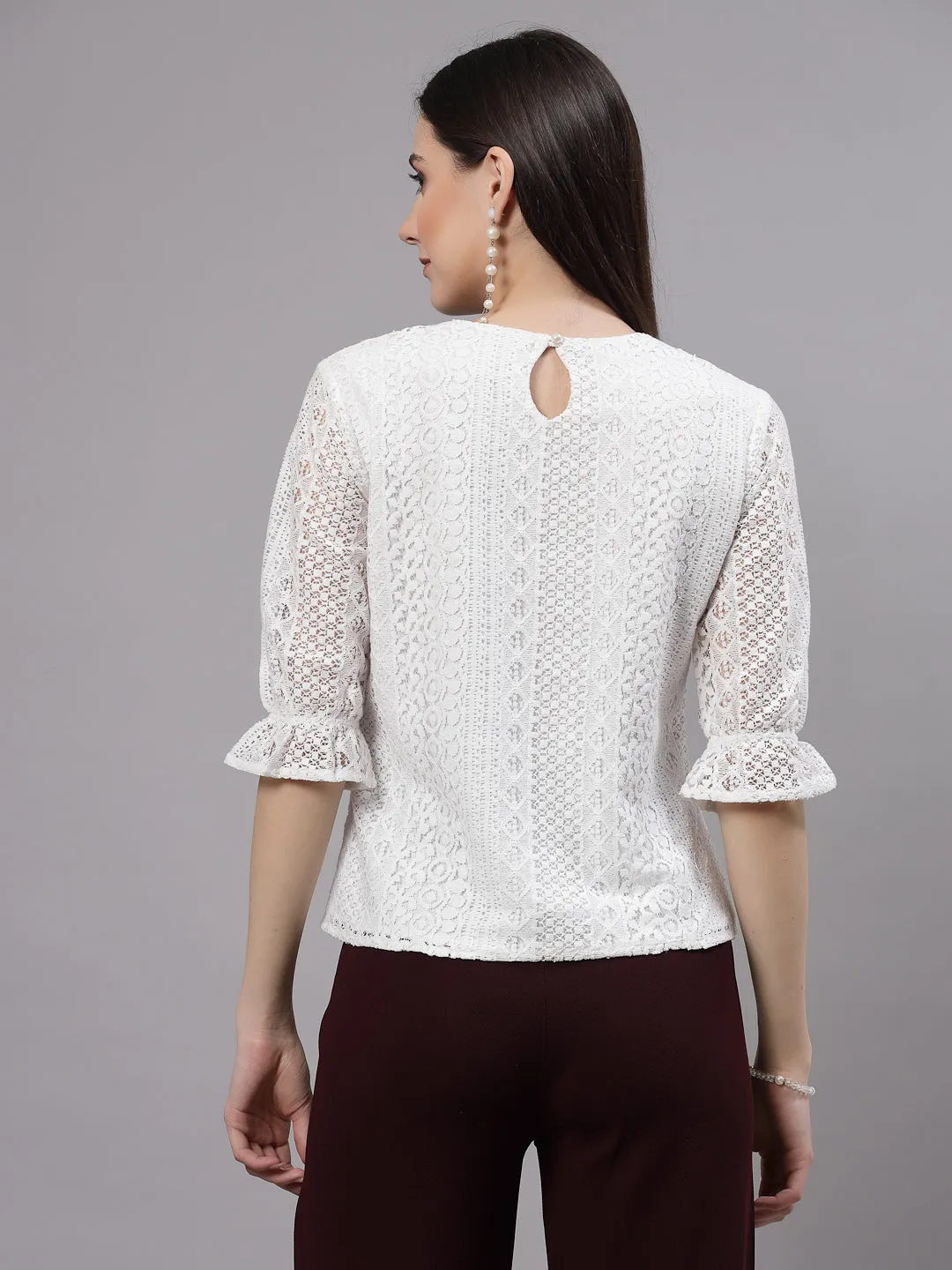 Style Quotient Self Design White Lace Smart Casual Top