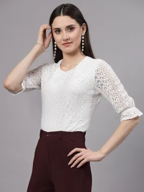 Style Quotient Self Design White Lace Smart Casual Top