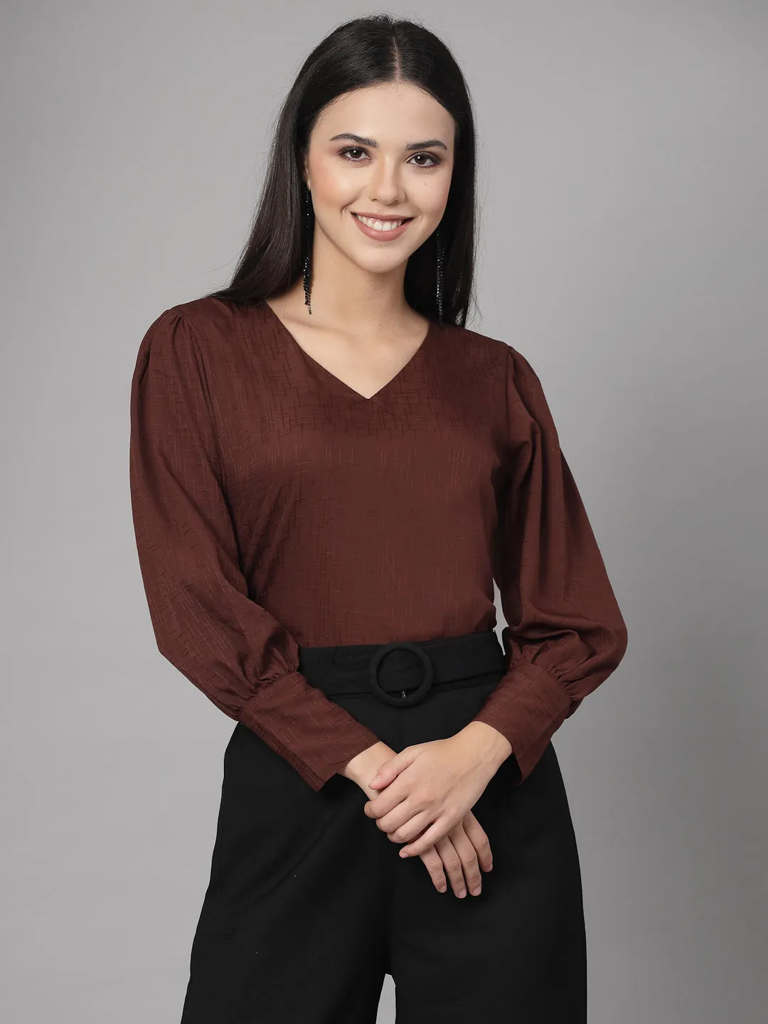 Style Quotient Women Brown Self Design Polyester Regular Smart Casual Top