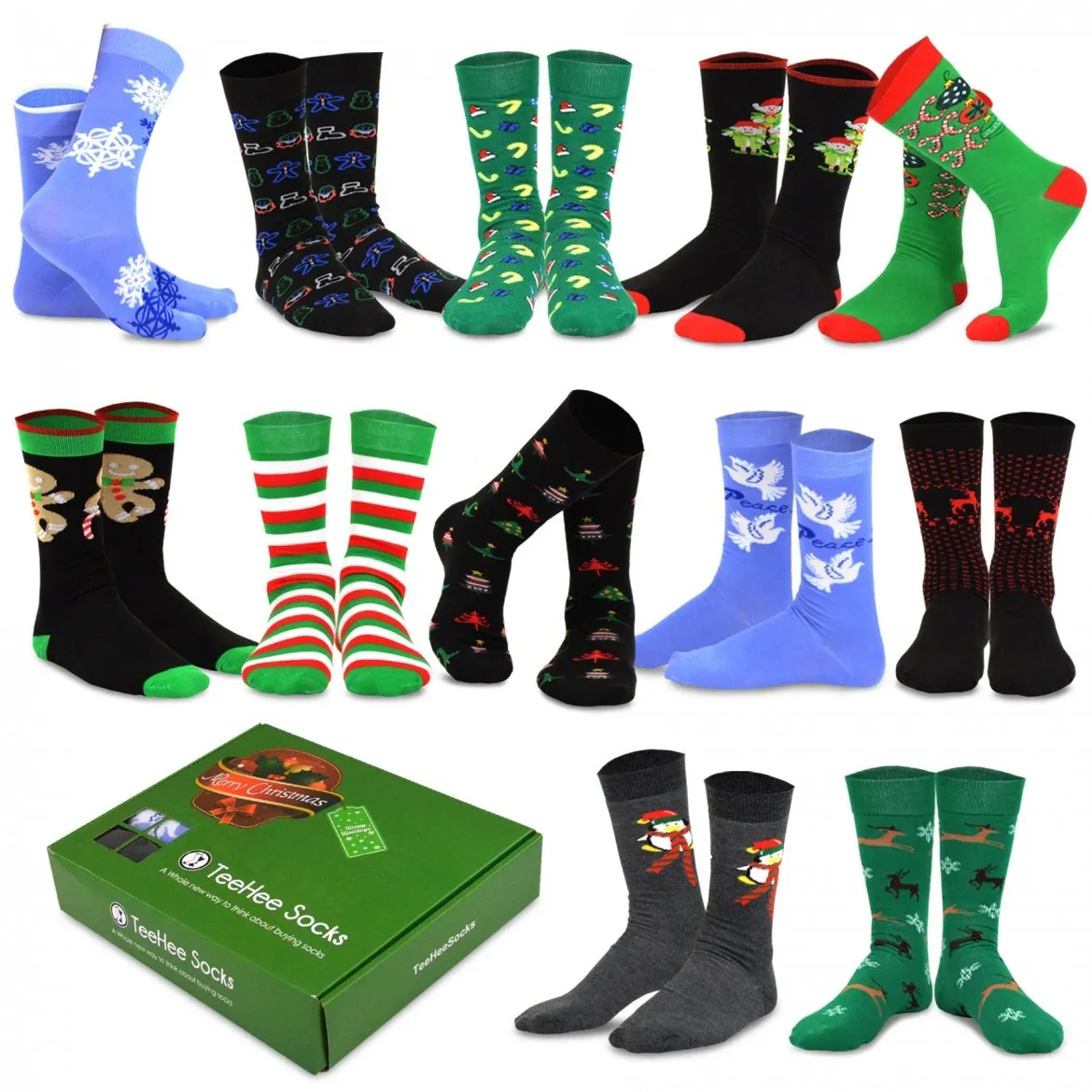 TeeHee Socks Men's Christmas Crew Assorted 12-Pack Gift Box A (51128)