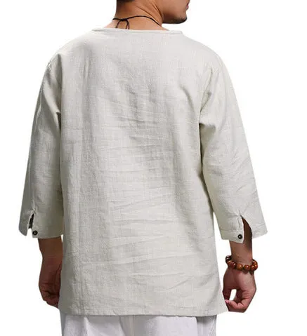 V Neck Cotton Linen Shirt - White