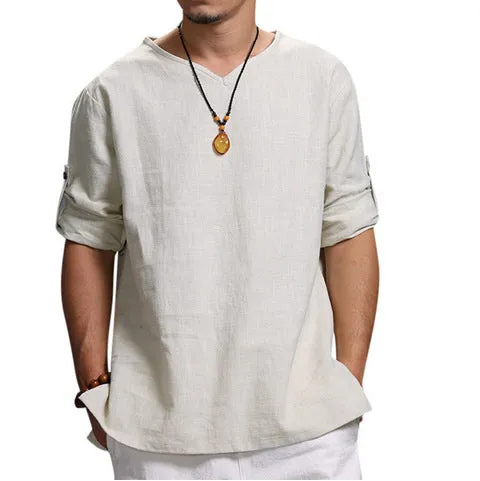 V Neck Cotton Linen Shirt - White