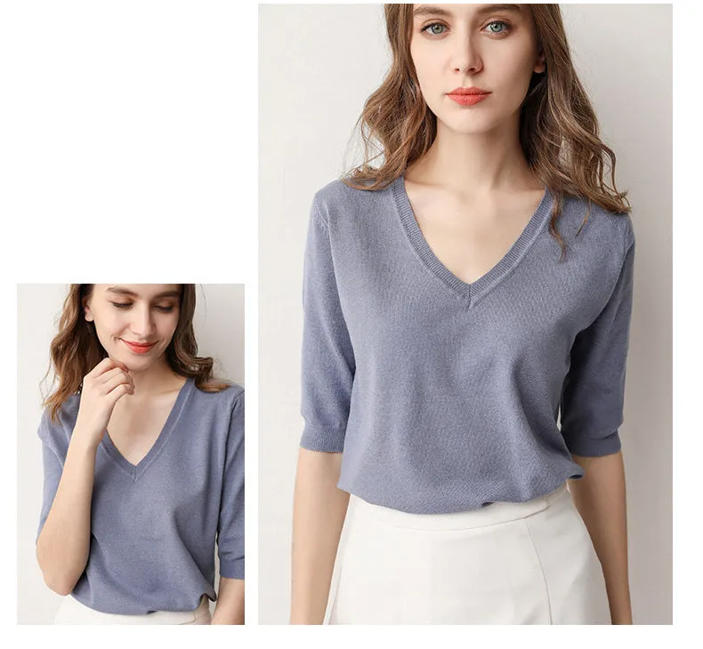 V Neck Short Sleeve Shirt Top - Grey blue