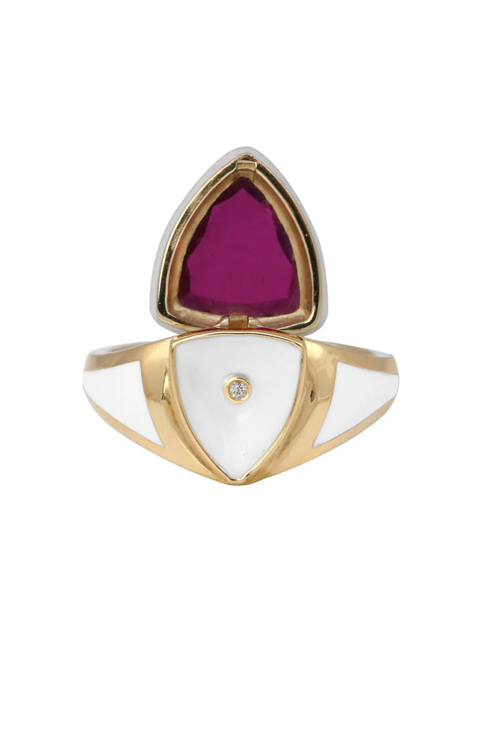 White Enamel with Ruby and Diamond Shield Ring