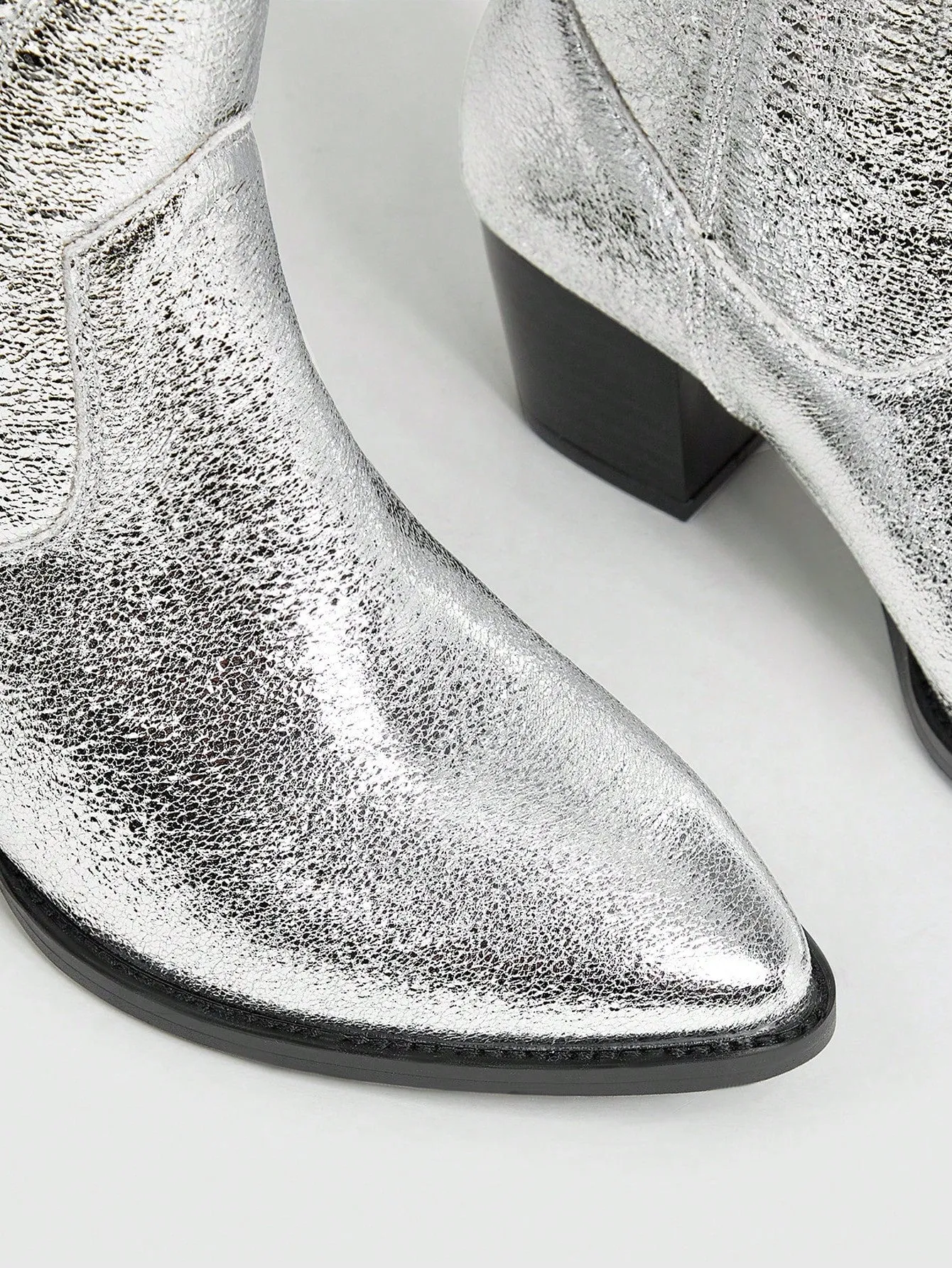 Women Shoes Fashionable Point Toe Silver Western Boots With Chunky Heel Valentines Day