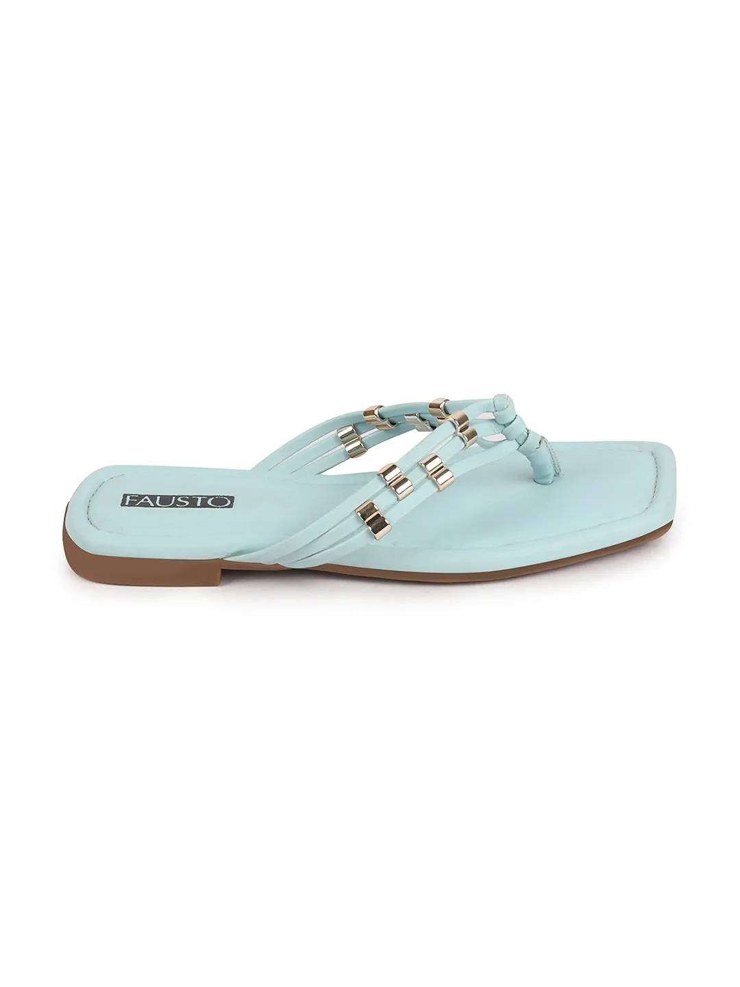 Women Sky Blue Party Wedding T-Strap Thong Slip On Flats Slippers