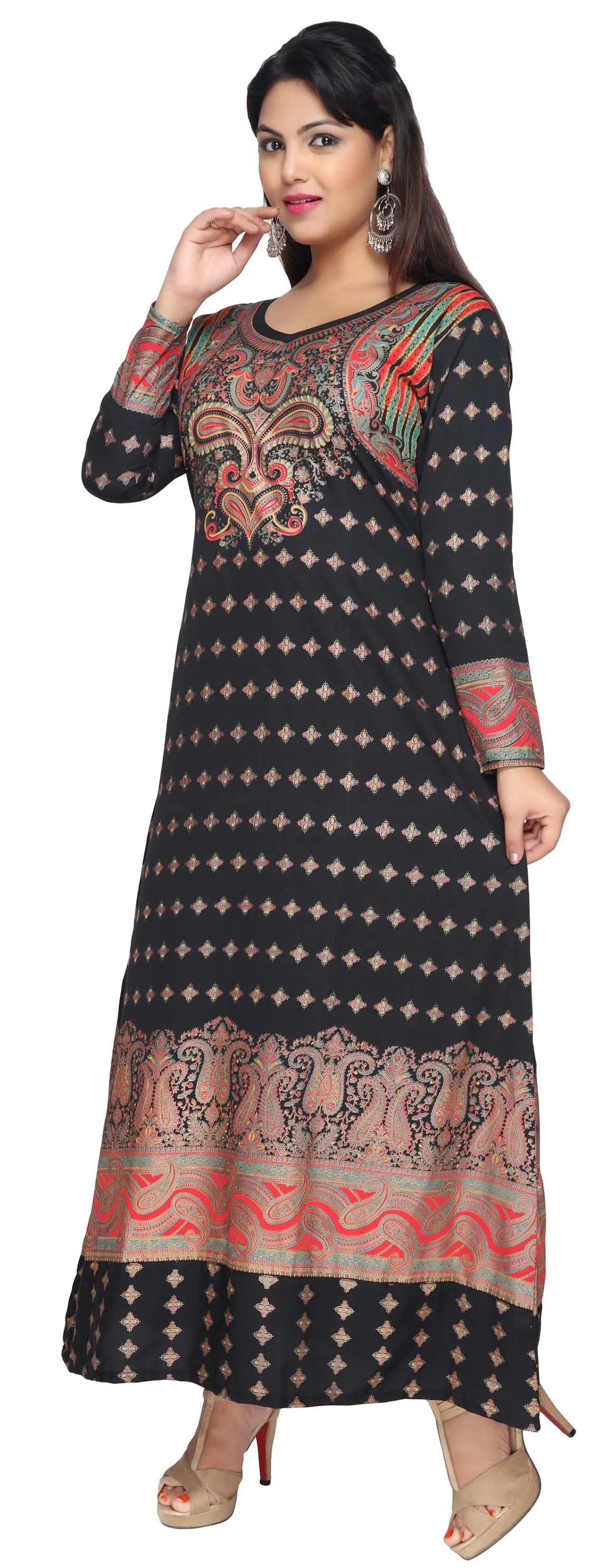 Women's Evening Printed Long Caftan Dress Abayas Kaftan (Black)