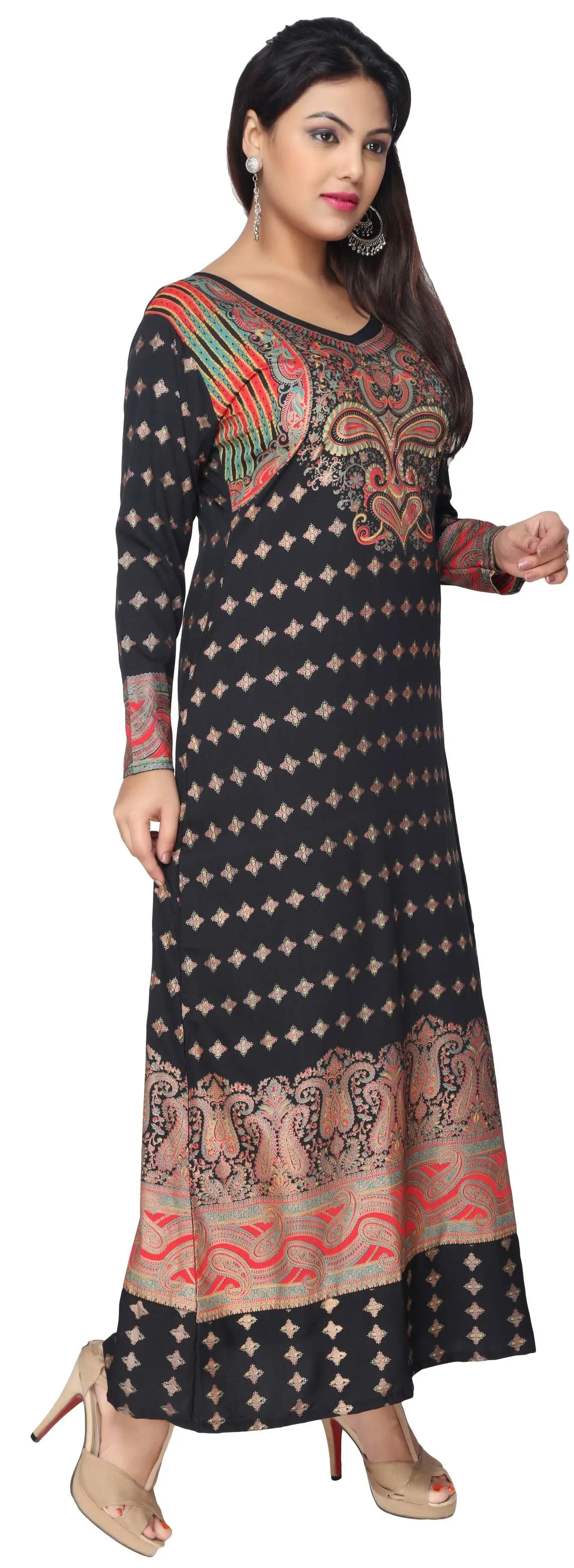 Women's Evening Printed Long Caftan Dress Abayas Kaftan (Black)