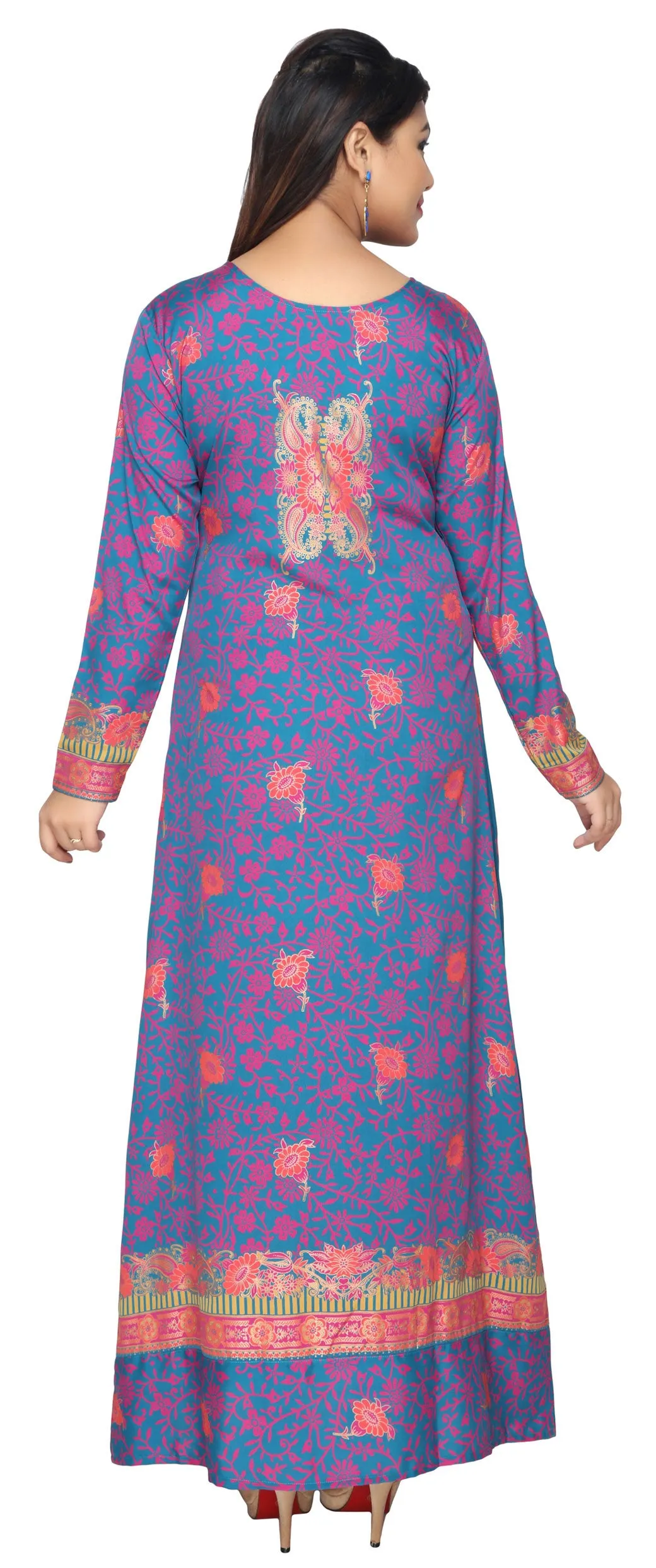 Womens Evening Printed Long Dress Abayas Kaftan (Blue)