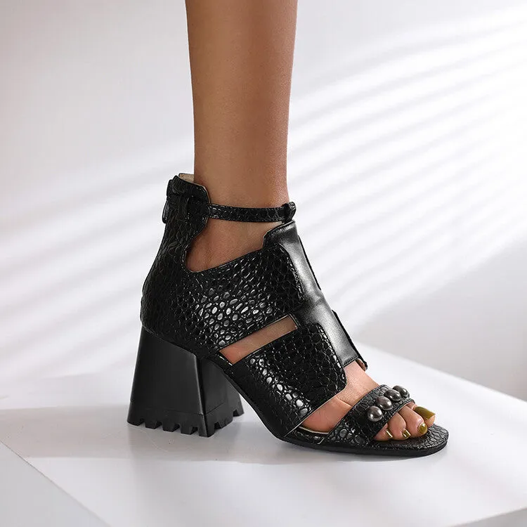 Women's Open Toe Rivets Cutout Block Chunky Heel Sandals