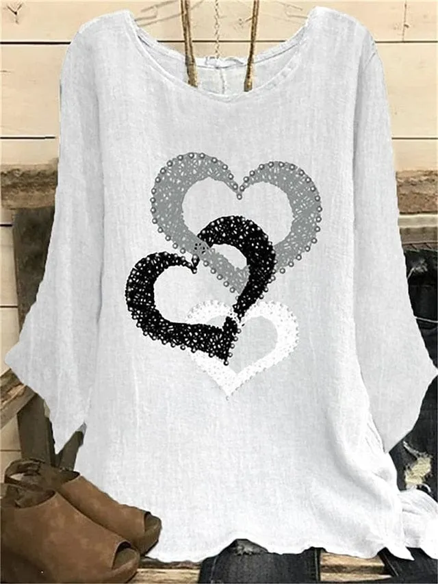 Women's Plus Size Heart Print Blouse with Long Sleeves