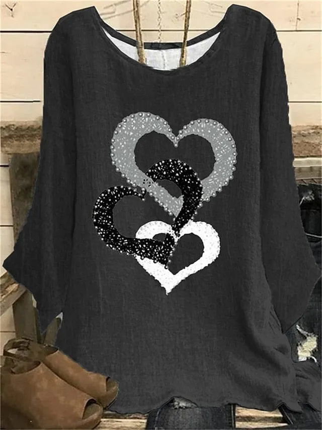 Women's Plus Size Heart Print Blouse with Long Sleeves